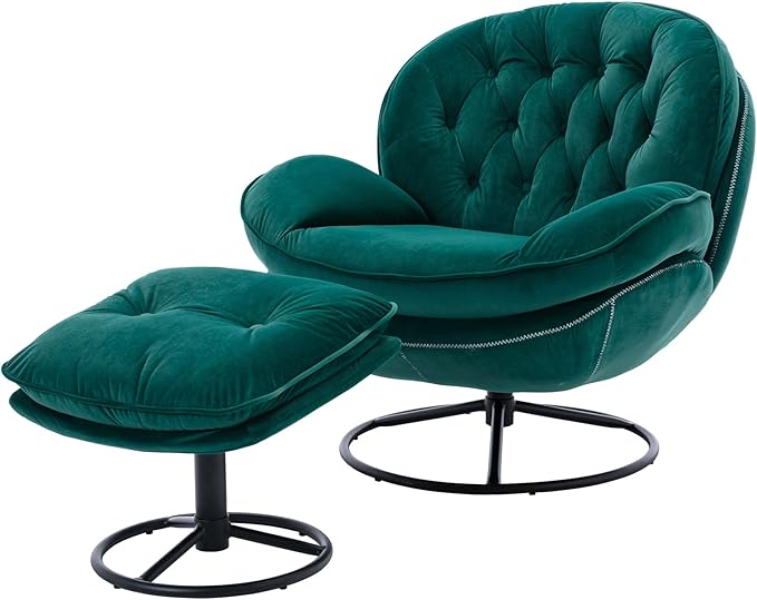 i-POOK Velvet Swivel Chair with Matching Swivel Ottoman Modern Upholstered Accent Chair with Round Black Metal Base and Backrest for Bedroom Living Room and Apartment Green