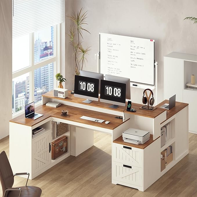 TVU Farmhouse L Shaped Desk with Drawers 62.2 Home Office Desk with Storage Shelves and Power Outlet L Shaped Computer Desk with Monitor Stand and Printer Shelf Brown and White