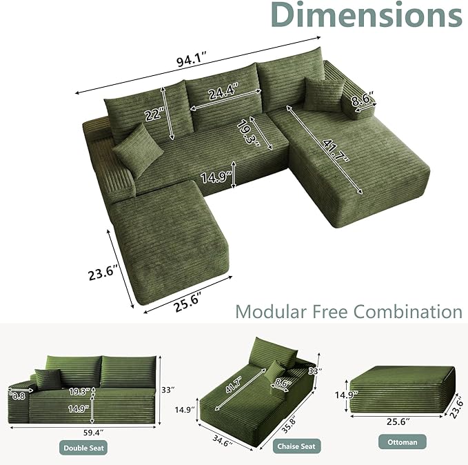 Modular Sectional Sofa Cloud Sectional Couch 95 Comfy Fluffy U-Shaped Couches for Living Room Deep Seat Memory Foam Plush Corduroy Boneless Couch Sectionals No Assembly (GreenRight-Facing Chaise)