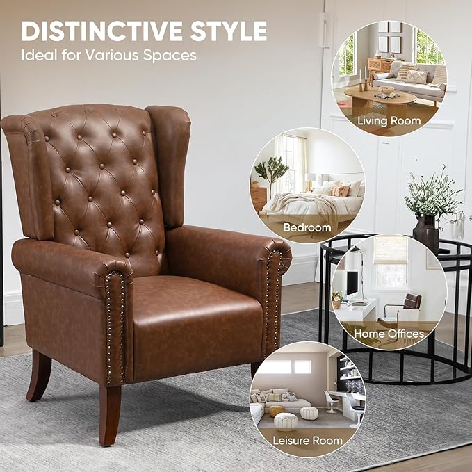 MOJAY Mid-Century Modern Living Room Chairs Set of 2 Upholstered Faux Leather Accent Chairs Club Arm Chair Single Sofa Chair with Solid Wooden Legs for Bedroom Study Home Office Lounges (Brown)