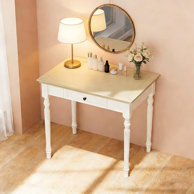 35” Off White Solid Wood Writing Desk with Drawers Farmhouse Computer Desk with File Storage Ideal for Home Office Bedroom or Study Room