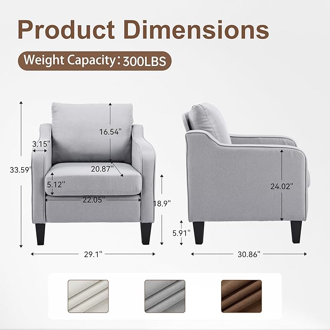 Accent Chairs Set of 2 Gray Mid Century Modern Arm Chair Fine Linen Fabric Upholstered Armchair with Scooped Arms Comfy Reading Chair for Living Room Bedroom Office Apartment