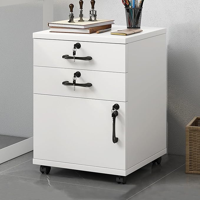 File Cabinet with Lock and Drawer 2-Drawer Vertical Filing Cabinet with Doors Mobile Under Desk Storage Cabinet with 360° Swivel Wheels for Legal/Letter/A4 Documents(White)