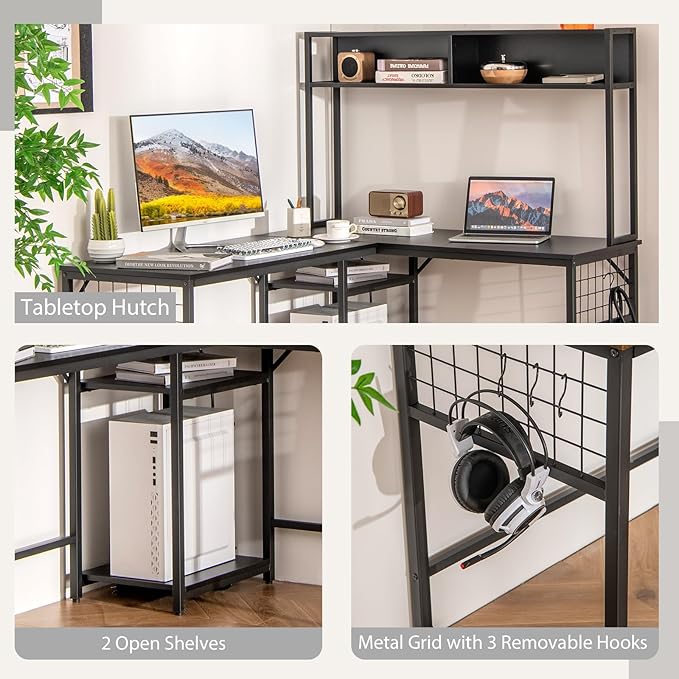 Tangkula L-Shaped Desk with Power Outlet Large Corner Desk Converts to 2-Person Long Desk with Hutch Computer Gaming Desk with CPU Stand &amp 3 Removable Hooks for Home Office (Black)