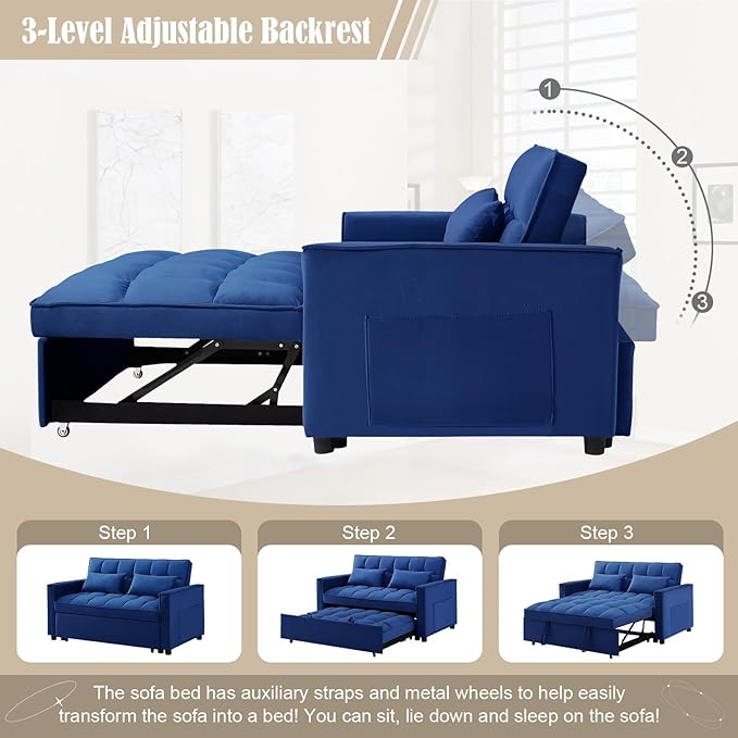 3 in 1 Convertible Sleeper Sofa Couch with Pull Out Bed55 Velvet Upholstered Futon Sofa BedModern Loveseat Sleeper Chaise with Adjustable Backrest for Living Room Guest Room Apartment(Blue)