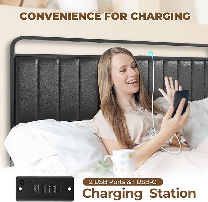 Rolanstar Full Size Bed Frame with LED Light and Charging Station Upholstered Headboard and Footboard Metal Slat Noise Free Easy Assembly Black