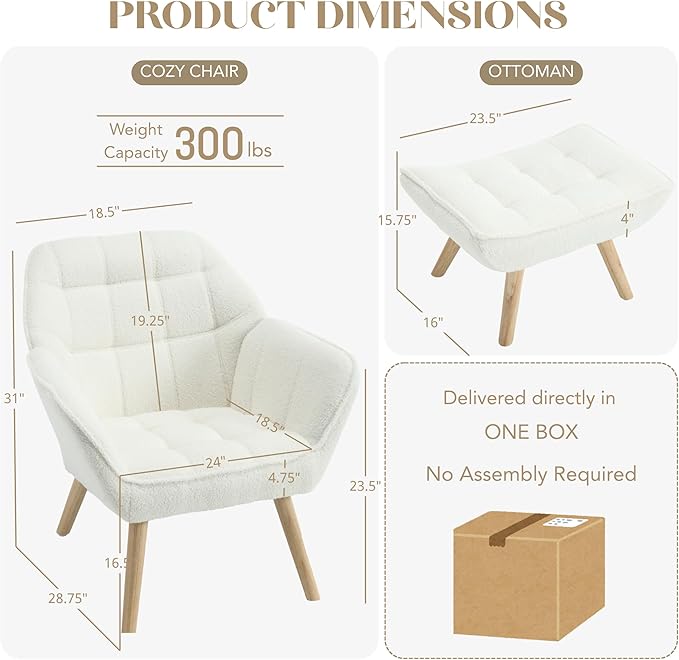 Small Accent Chair with Ottoman Sherpa Upholstered Lounge Chair with Footrest Comfy Reading Armchair with Wood Legs for Living Room Bedroom White