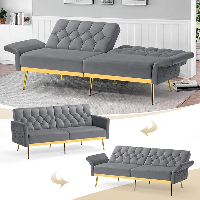Velvet Sofa Bed w/Adjustable Armrests and Backrests Modern Convertible Sleeper Sofa Tufted Futon Sofa for Bedroom Living Room Apartment Grey