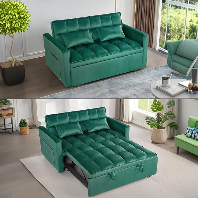 55 Convertible Full Size Sofa Bed 3 in 1 Velvet Sleeper Sofa with Pull-Out Bed Futon Couch with Adjustable Backrest and Side PocketModern Loveseat for Small SpacesLiving Room (Green)