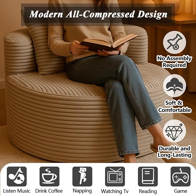 45 Oversized Round Chair Boneless Reading Chair with Comfy Pillow for Living Room Circle Cloud Chair for AdultsCorduroy Memory Foam Large Seat No Assembly Required (Smoke Grey)