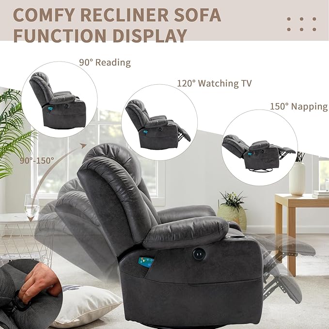 360° Swivel Rocker Recliner Chair with Heat and Massage Manual Glider Rocking Reclining Chair Swivel Overstuffed Lounge Reclining Chair with 2 Cup Holders Side Pockets &amp USB Ports Grey