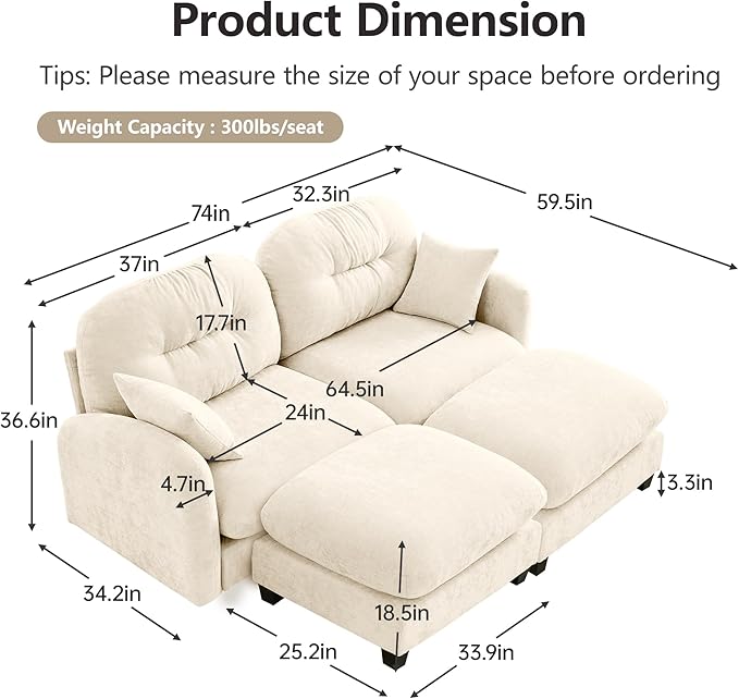 74 Sectional Sofa with 2 Ottomans 2-Seater Sleeper - Chaise Lounge Couch Plush Double-Tone Chenille &amp Ergonomic Support for Apartment Living Beige