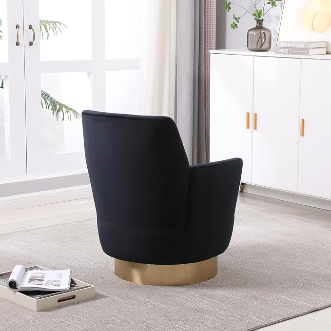 360° Swivel Barrel Accent Chair Comfy Round Accent Chairs with Gold Iron Base &amp Dual-Layer Cushion Modern Lounge Reading Armchair Upholstered Sofa Chair for Living Room Bedroom(Velvet Black)