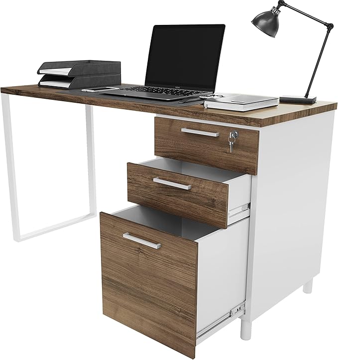 Modern Design Milano Office Desk with 3 Locking Drawers 48 Inch White and Walnut Industrial Wood Desk with Filing Drawer and Storage by Crafts and Comfort