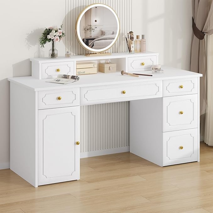 Catrimown White Desk with 7 Drawers 54 Inch Computer Desk with Cabinet for Work Writing Study Vanity Desk with Golden Handle for Girls Bedroom