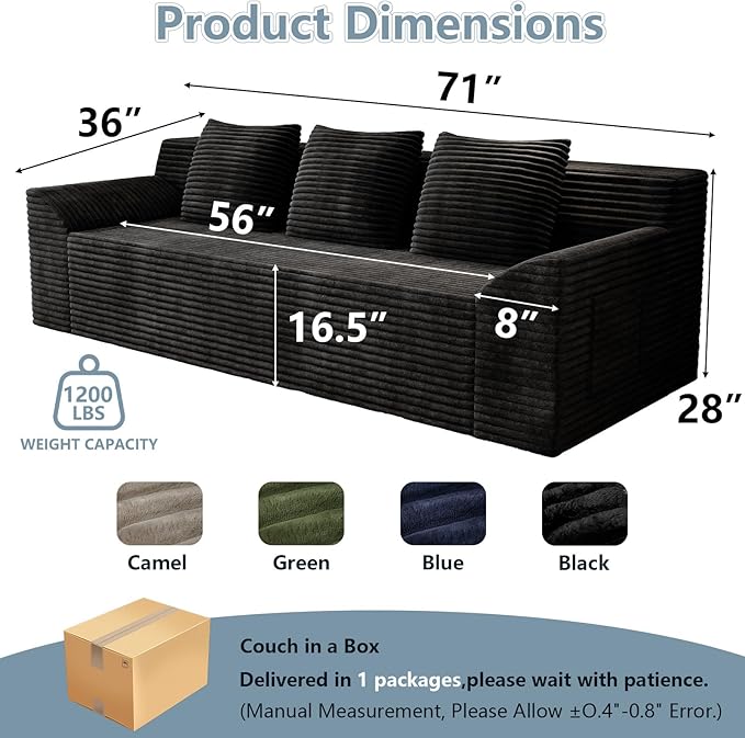 71Cloud Loveseat SofaModern 2-Seater Boneless Couch with 3 Pillows &amp Side PocketSoft Corduroy LoveseatCompressed FoamDeep SeatNo Assembly for Living RoomBedroomApartment(Tilted ArmrestBla