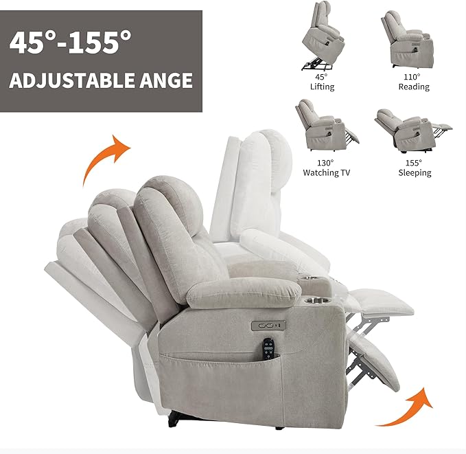 Chenille Electric Power Lift Recliner Chair Massage Single Sofa with Vibration Massage and Lumbar Heating Ergonomic Lounge Couch with Cup Holders and USB Charge Port for Living Room (Beige)
