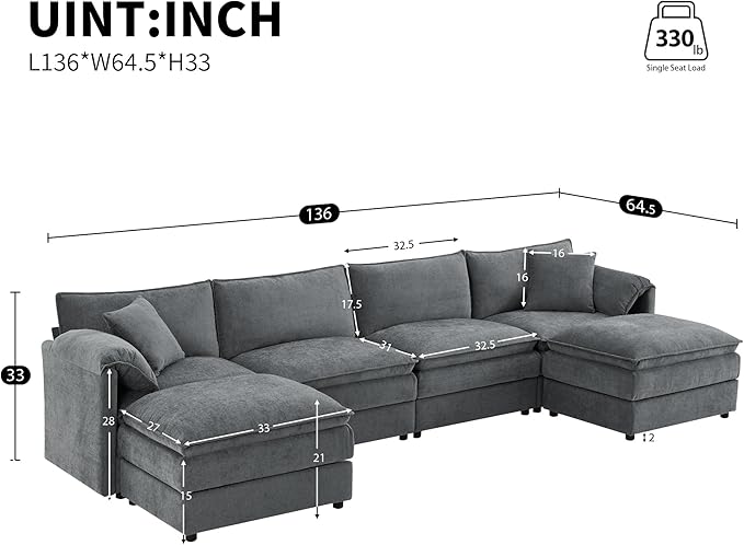 136 U Shaped Modern Cloud Sofa Modular Sectional Couch with 2 Ottoman 6-Seat Chenille Deep Seat Sofa with Pillow for Living Room Bedroom and Apartment Dark Grey