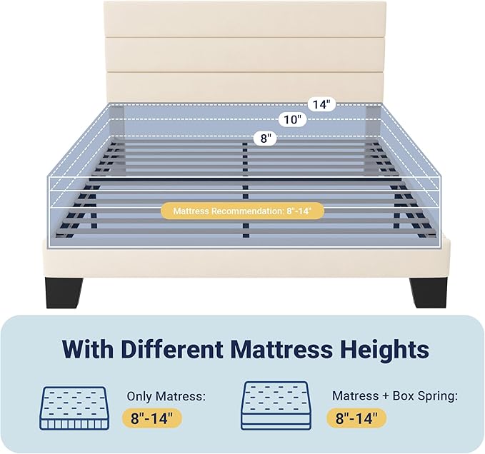 Allewie Full Size Platform Bed Frame with Velvet Upholstered Headboard and Wooden Slats Support Fully Upholstered Mattress Foundation/No Box Spring Needed/Easy Assembly Cream