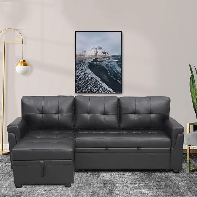 Naomi Home L-Shaped Reversible Sectional Sofa with Pull-Out Sleeper Bed and Storage Chaise Black Air Leather