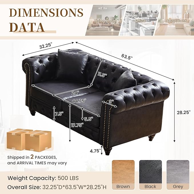 Mid Century Modern Loveseat Sofa 63.5W High-tech Fabric Button Tufted Small Couch with Nailhead Trim &amp Roll Armrest Upholstered Comfy Chesterfield Sofa for Living Room Office(2 Seater Black)
