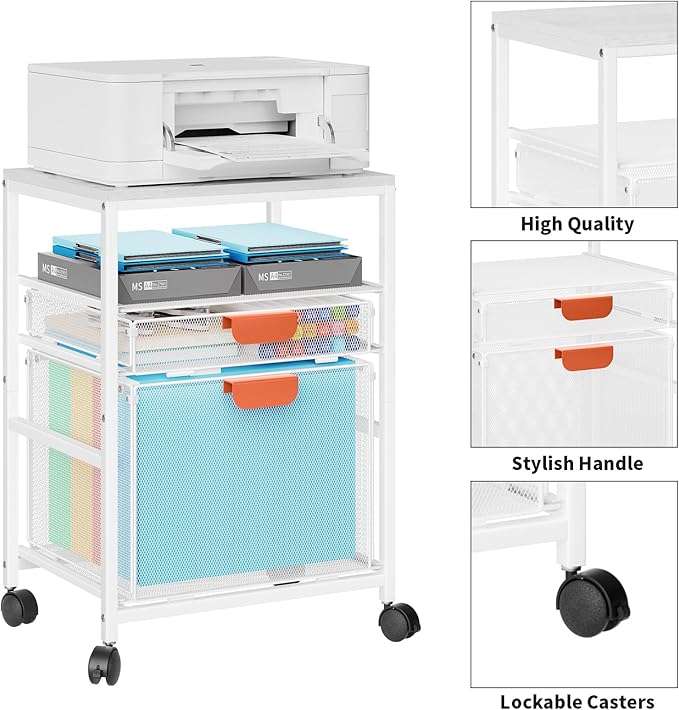 Marbrasse Rolling File Cart with Handle Mobile File Cabinet on Lockable Wheels Office Filing Cabinet Organizer Printer Stand with Hanging File Folder Organizer for Home Office - White