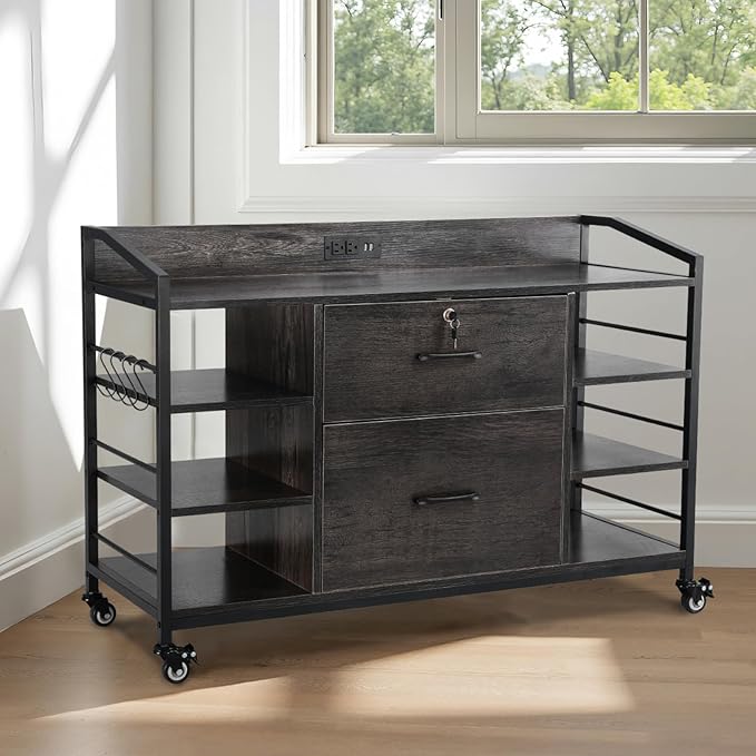 VEVOR 2 Drawers Metal File Cabinet Lateral Filing Cabinet with Lock and 6 Open Shelves Wooden Wide Filing Storage Cabinets with Power Strip for Letter A4 Legal Size File Easy Assembly Gray