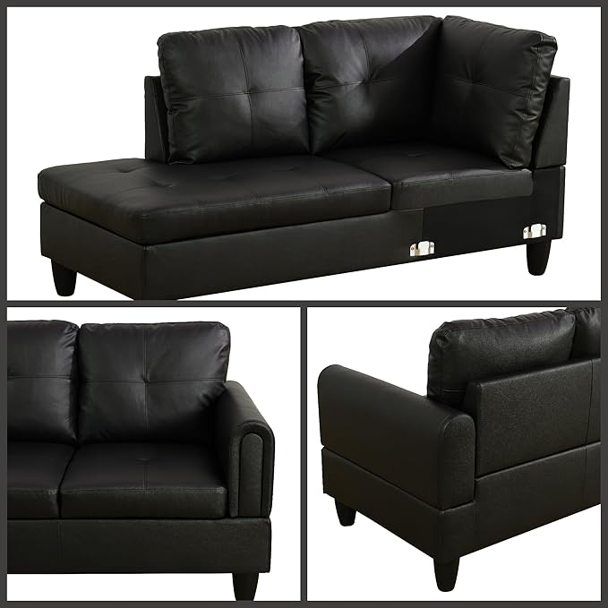 L Shaped Couch Sectional Couches with Chaise 3 Pieces Modular Convertible Sofa for Living Room Furniture Sets and Small Apartment Faux Leather Black