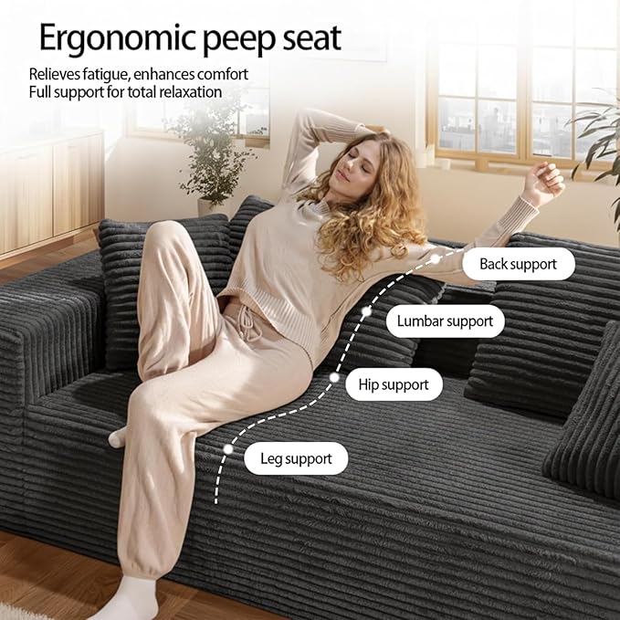 71 Cloud Boneless Loveseat Sofa Couch Bean Bag 3-Seater Couch with Memory Foam Corduroy Comfy Floor Sofa Deep Seat for Living Room Bedroom Apartment No Assembly (Black)