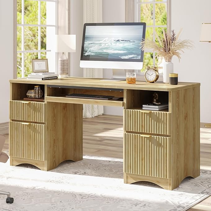 Bestier Computer Desk with Keyboard Tray 59 inch Office Desk with 4 Drawers Modern Home Office Desk with File Drawer (Natual Oak 59 W with Double-Sided Drawers)
