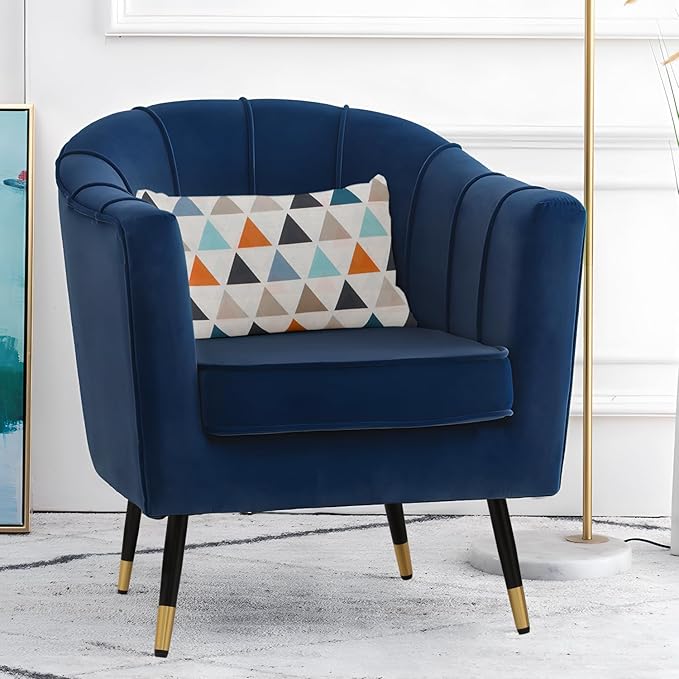 Mid-Century Modern Accent Chair Upholstered Armchair with Lumbar Pillow Single Sofa Chair with Metal Legs for Reading Comfy Barrel Chair for Living Room Bedroom Navy Blue