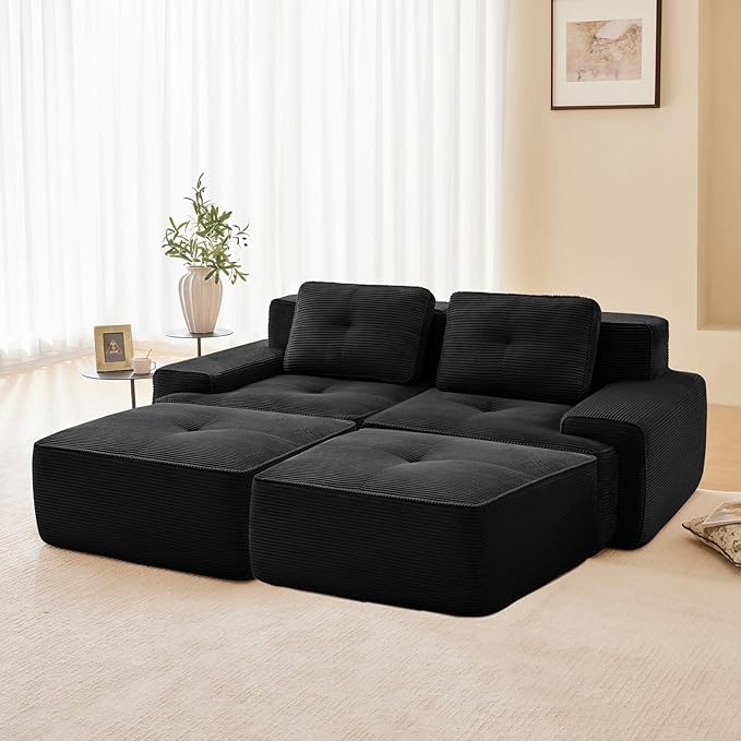 82 Modern Compressed Boneless Love Seat Couches with 2 Ottomans 2 Seater Large Sectional Couches for Living Room Black Corduroy Cloud Modular Sectional Sofa Memory Foam Deep Loveseat No Assembly