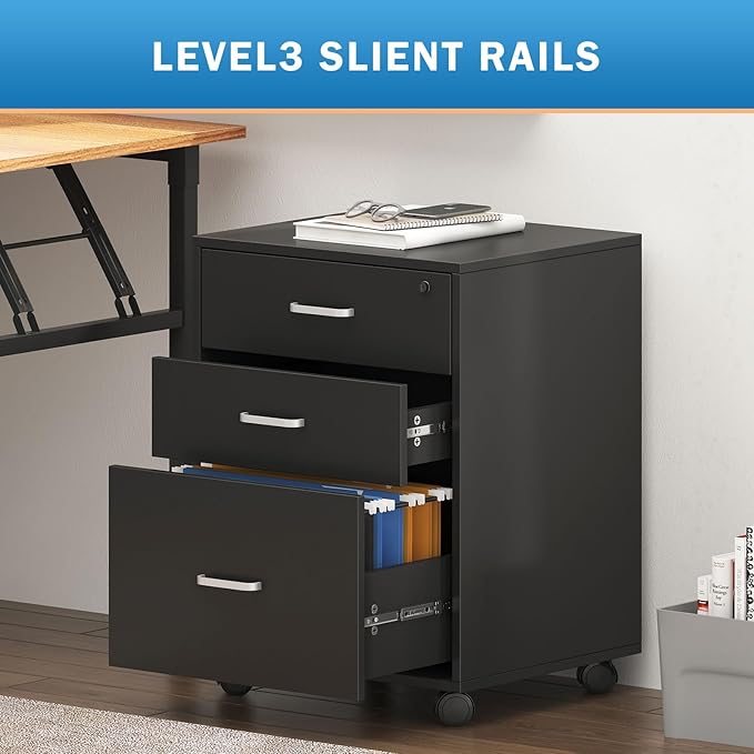 Need 3 Drawer Wood Mobile File Cabinet with LockRolling Filing Cabinet for Letter/A4 Size for Home Office Black