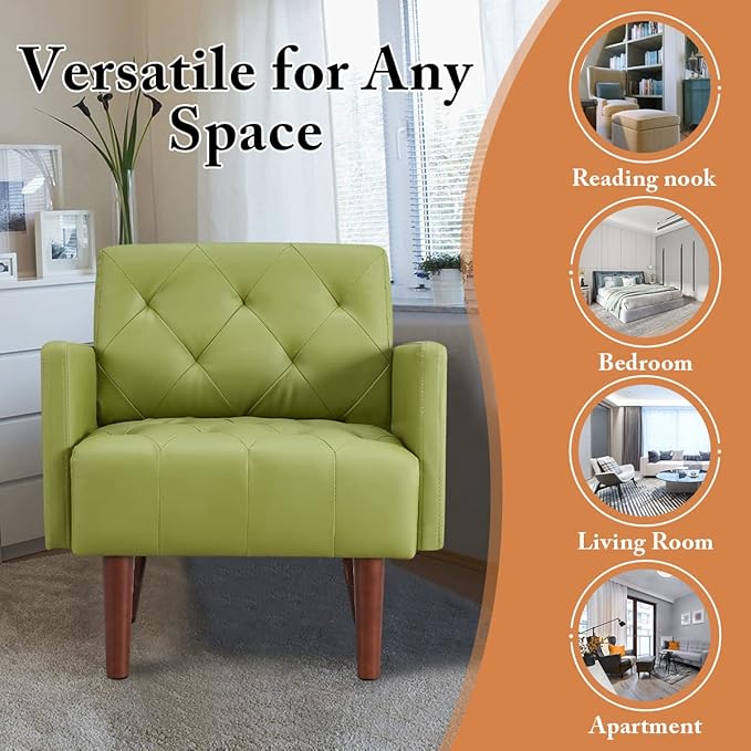 PU Leather Accent Chair Mid Century Modern Armchair for Living Room Reading Tufted Chair Single Sofa High-Density Foam Cushion Solid Wood Legs for Home Bedroom Office Reception(Green)