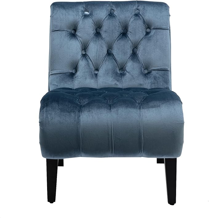 Accent Chair Living Room Reading Chairs Comfy Velvet Upholstered Mid Century Modern Accent Chair Tufted Back Armless Chair with Wooden Legs for Living Room Bedroom Office Light Blue