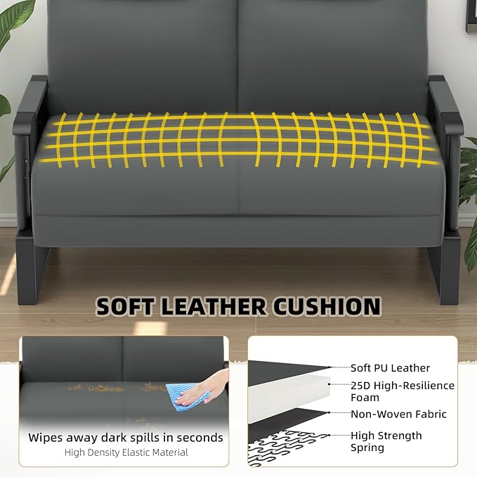 Faux Leather Loveseat Couch for Living Room Bedroom Office Small Sofa 2 Seater Couch with Flip Up Tray Table Side Pockets Leather Loveseats Gray