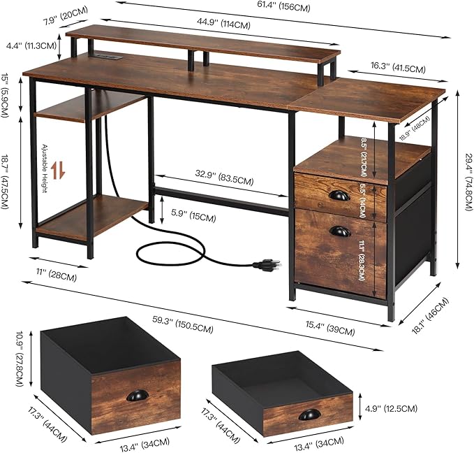 Panana 61.4 Computer Desk with Power Outlet and LED Lights Desk with 2 Fabric File Cabinet Drawer Large Reversible Gaming Desk with Shelves and Monitor Stand Writing Study Desk for Home Office