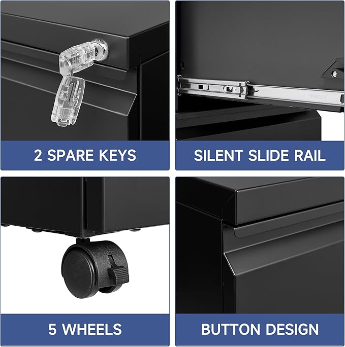 Mobile File Cabinet with Lock - 2 Drawer Small Rolling Cabinet for Home Office Legal/Letter/A4 (Black)