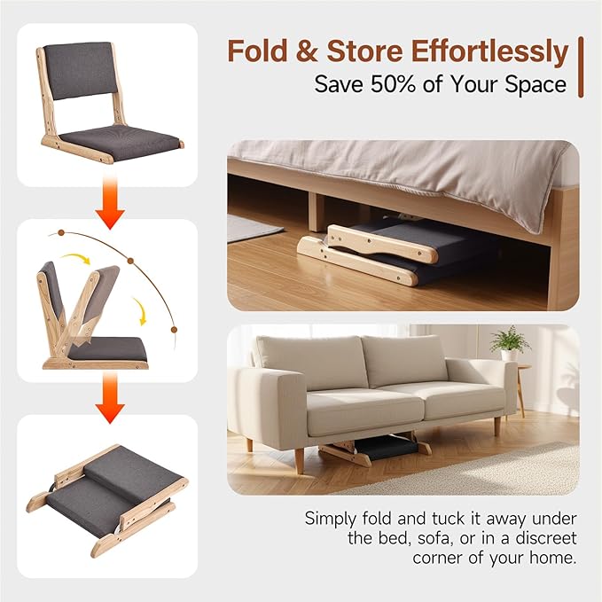 Tiita Floor Chair with Back Support Foldable Meditation Tatami Chairs Backrest Chair with Cushion Living Room Chair Seat 4 Pack Wood Dark Grey