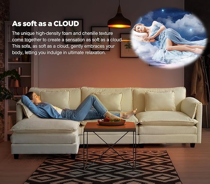 ELUCHANG 113 L Shaped Modular Sectional Couch Comfy 4-Seat Cloud Couch with Movable Ottoman Deep Seat Sofa Couches for Living Room Apartment DIY Combination Chenille Beige