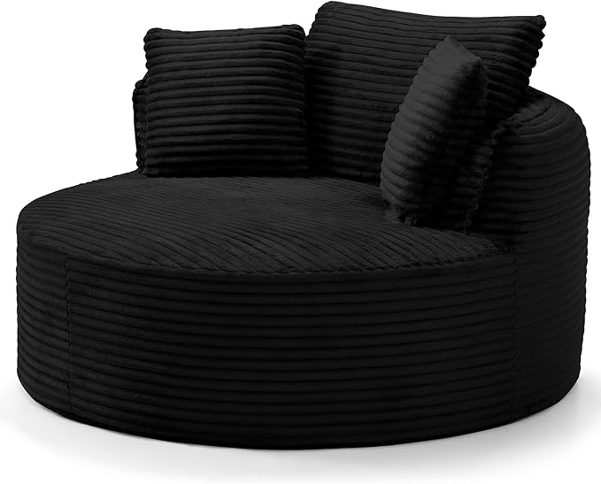 Oversized Round Chair Lounge Chaise Indoor 53.5 Corduroy Boneless Round Chair Fluffy Single Deep Seat Cloud Sofa Chairs Modern Circle Chaise Lounge for Bedroom Living Room Black
