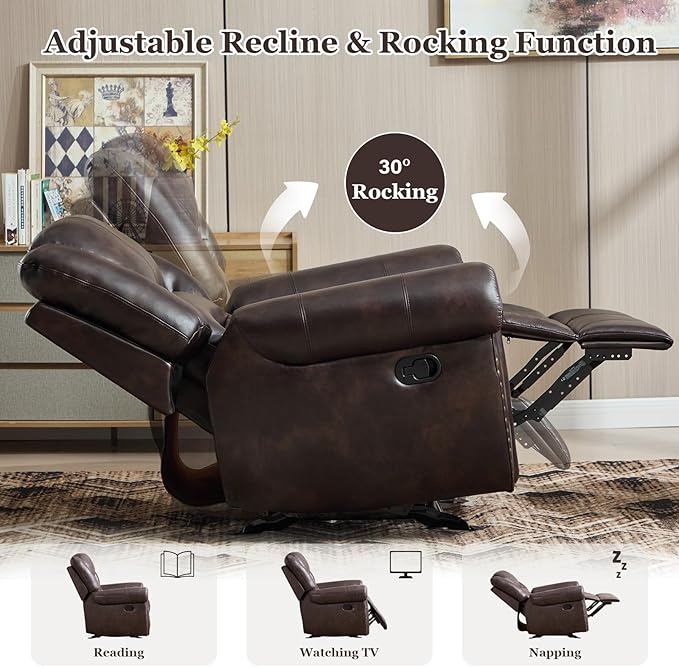 CANMOV Rocker Recliner Chair Leather Recliner Chair with Overstuffed Backrest and Armrests Manual Single Sofa for Living RoomBedroom Dark Brown