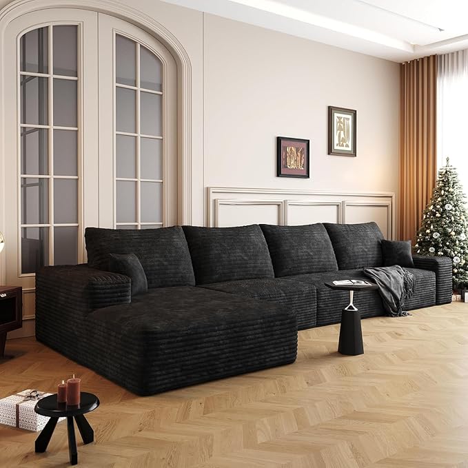 136 Sectional Couches for Living Room Modern Modular Sofa with L-Shape Couch Upholstered Boneless Sofa Deep Seat Sectional Couch with Chaise (Black Left Facing Chaise+3Seaters)