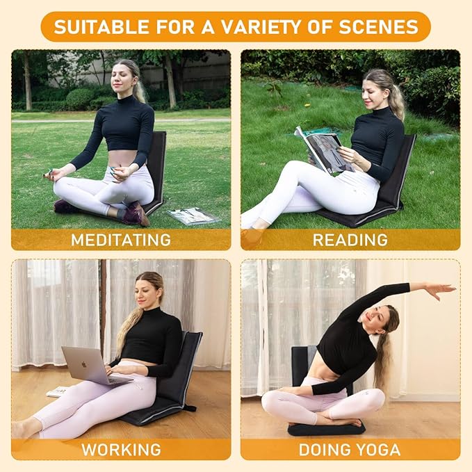 Floor Chair with Back Support 14-Position Adjustable Floor Chair Portable Ground Seating for Adults &amp Kids Foldable Meditation Seat with Japanese KOYO Bearings &amp Washable Linen Cover (Black)