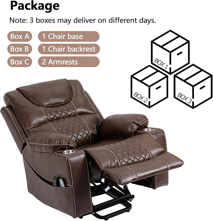 Power Lift Recliner Chair Sofa with Massage and Heat for Big and Tall ElderlyInfinite PositionsSingle MotorCup Holdersand USB PortsFaux Leather Home Theater Seat