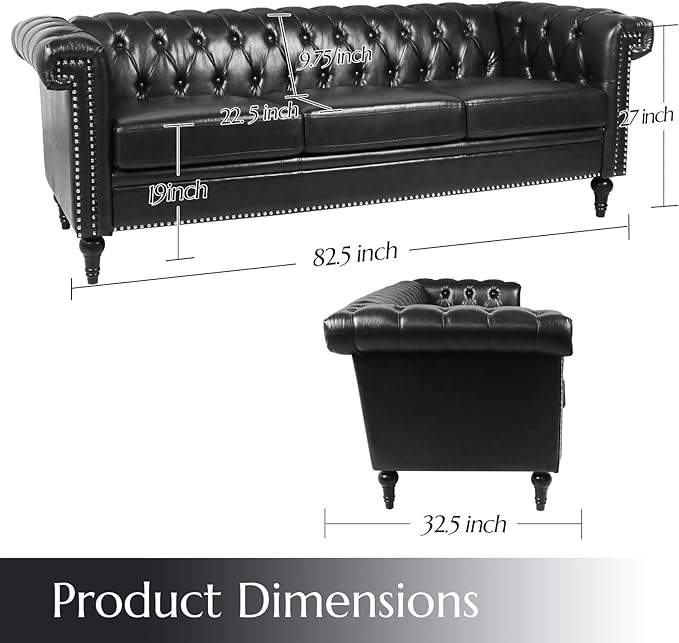 Chesterfield Sofa Black Faux Leather Couches for Living Room Deep Seat Comfy 3-Seater Oversized Couch Button Nailhead Tufted Classic Couches for Bedroom Office Easy to Assemble