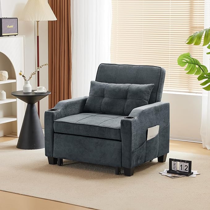 VINGLI Dark Grey 3-in-1 Convertible Futon Sofa Bed Pull Out Couch Bed Adjustable Recliner Chair with USB Ports Cup Holders Side Pockets for Living Room Bedroom Small Spaces