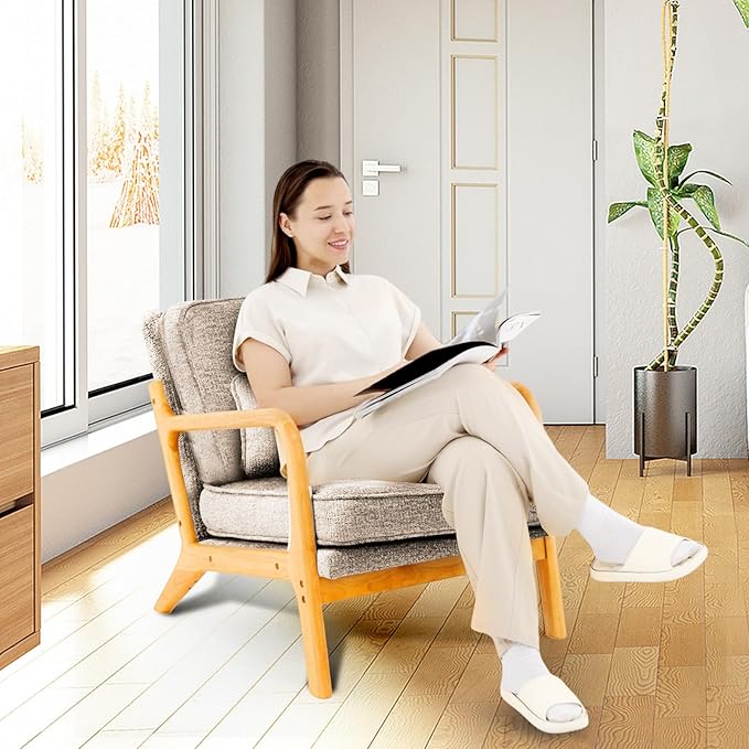 Mid-Century Accent Chair with Solid Wood Frame Reading Relaxing Armchair Lumbar Pillow&ampSoft Cushion Leisure Chair for Living Room Bedroom Waiting Room-Grey