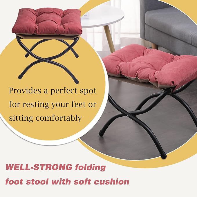 15 Foldable Foot Stool Ottoman with Metal Frame - Washable Red Upholstered Indoor/Outdoor Footrest for Living Room Bedroom Patio - Space-Saving Compact Design