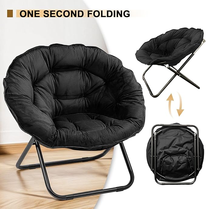 Grezone Folding Saucer Chair Oversized Lazy Moon Chair with Metal Frame Comfy Bedroom Chairs for Bedroom Living Room Study Black JC